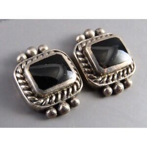 NF STERLING SILVER STUD EARRINGS Black Onyx Rectangle DOTTED & ROPE FRAME TRIM